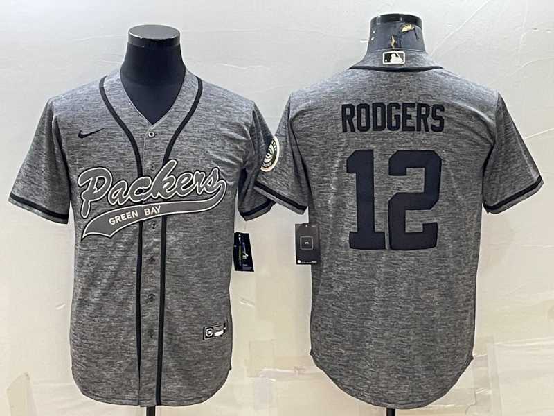 Men%27s Green Bay Packers #12 Aaron Rodgers Grey Gridiron With Patch Cool Base Stitched Baseball Jersey
